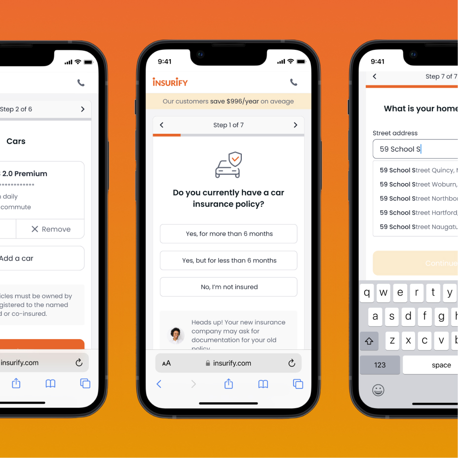 three mobile screens designed for car insurance flow